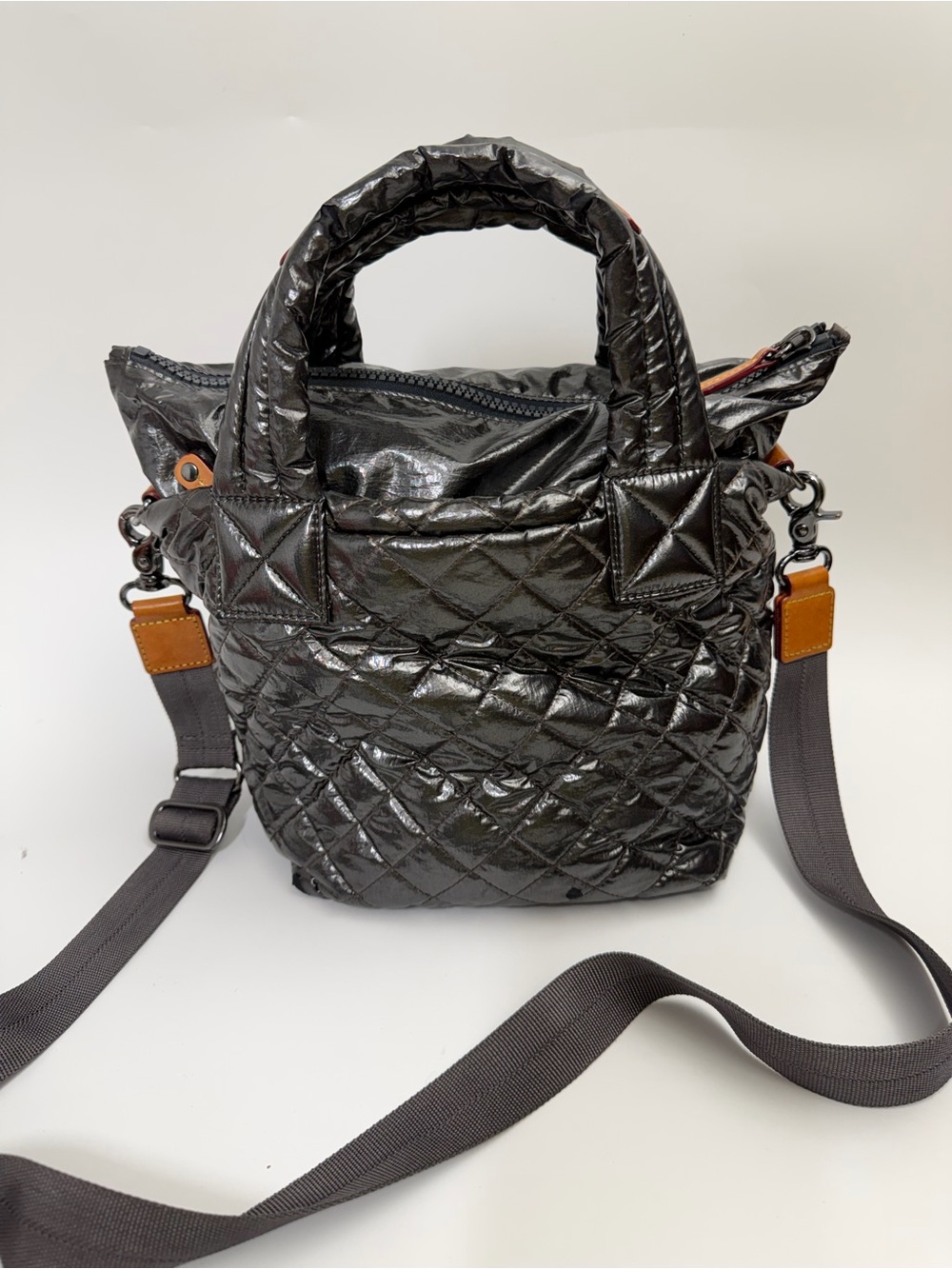 MZ Wallace Black Quilted Crossbody Tote with Brown Accents